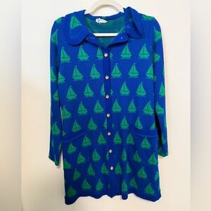 Vintage Blue Knit Cardigan Dress w/ Green Sailboat Print – Size M